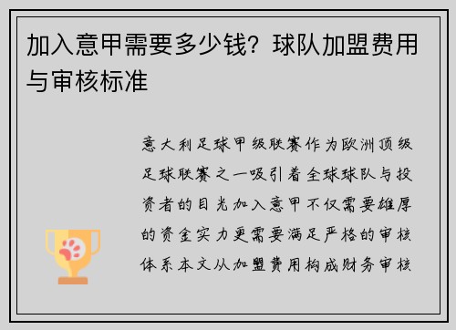 加入意甲需要多少钱？球队加盟费用与审核标准